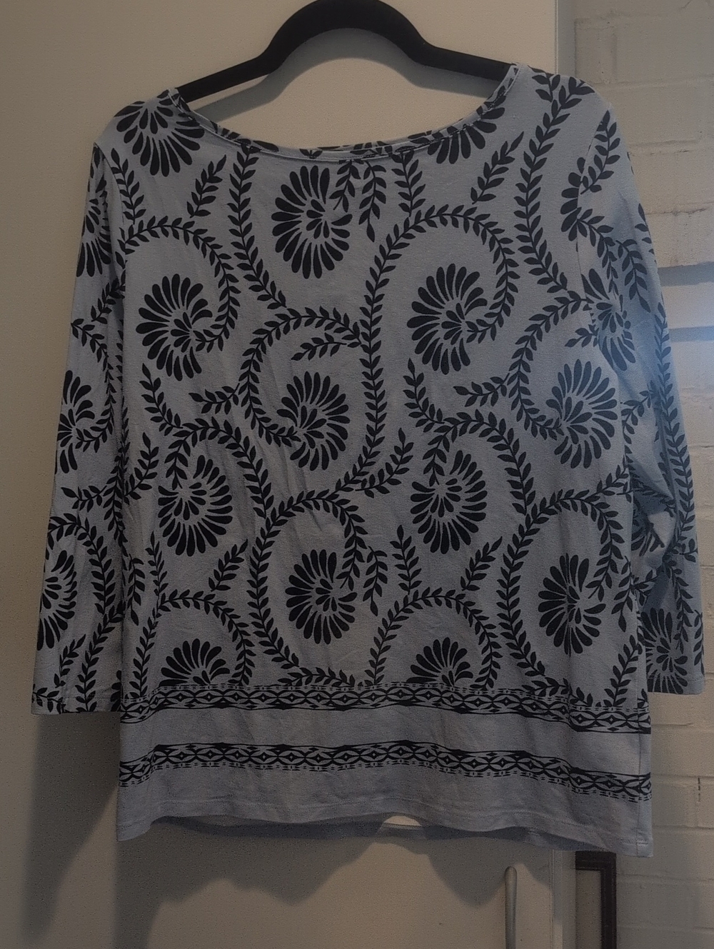 Talbots Light Blue Boat Neck Top with Bold Navy Print